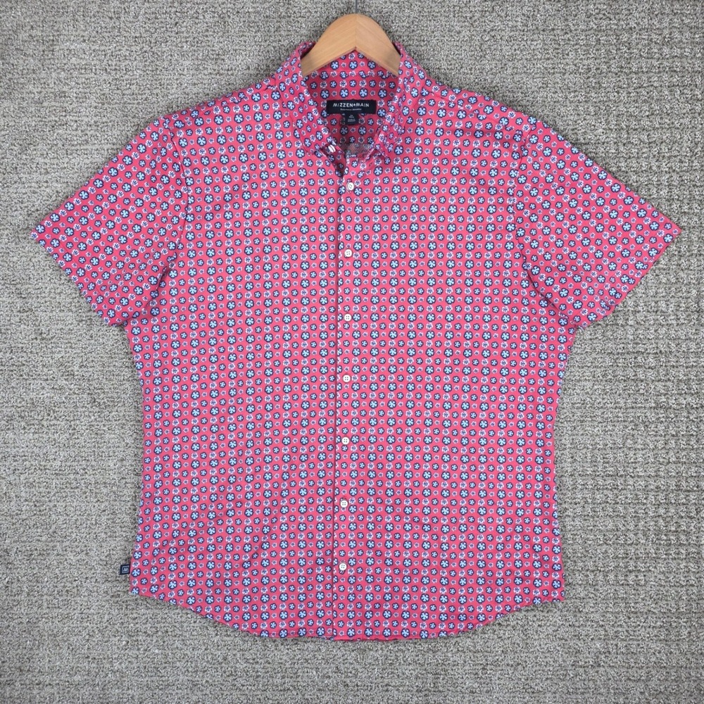 Mizzen+Main Mens XL Trim‎ Short Sleeve Performance Button Down Shirt Pink Floral